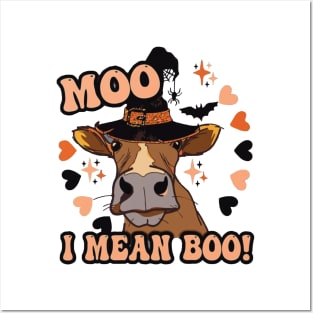 Cow Moo I Mean Boo Pumpkin Moon Halloween Bleached Funny Posters and Art